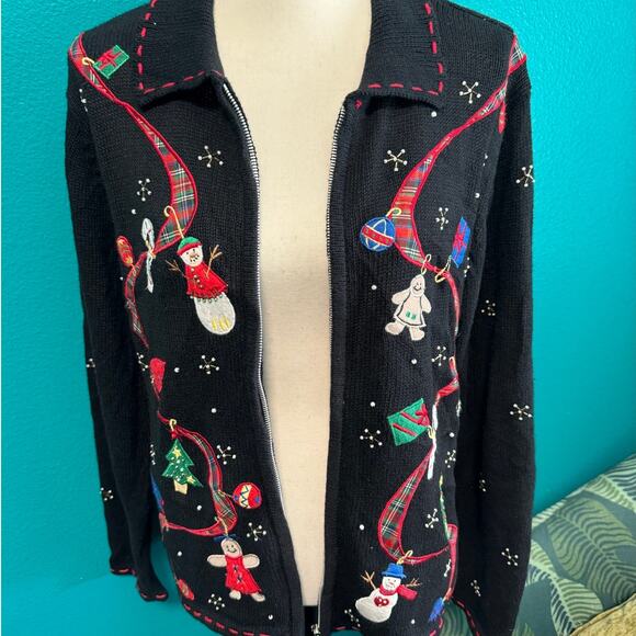 Erika Vintage Black Zip Christmas Gingerbread Snowman Knit Sweater Medium - Picture 13 of 13